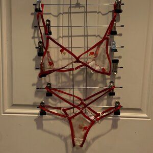 🙌 2/$55 Lingerie Set Sheer Mesh Red Floral Illusion Floating Ribbon Bra Panty